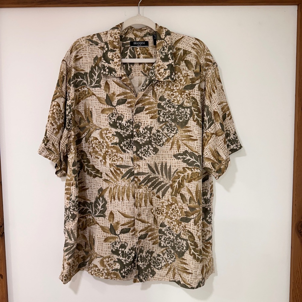 Brandini Pure Silk Tropical Floral Button Down Mens XXL Tan Olive | Resortwear
